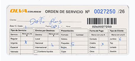 Ejemplo de número de orden de servicio Olva